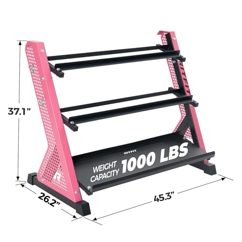 RitFit Rubber Hex Dumbbell Set with 3-Tier Dumbbell Rack,350-780LB Hand Weight Set with Anti-Slip Grip,1000LB Capacity Heavy Duty Steel Weight Storage Rack for Home Gym - color: Pink