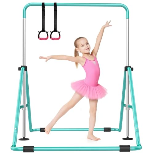 SHIWEI Gymnastics Bar for Kids, Gymnastic Kip Bar 5-Height Adjustable Home | Foldable, Indoor Outdoor Use, 140lb Capacity, for Ages 3-8, with Gymnastics Rings, Anti-Slip & Space-Saving Design - color: Green