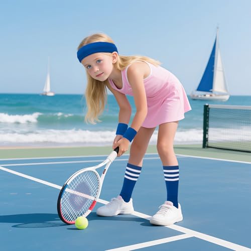 ONUPGO 5 Pieces Kids Sweatbands Soccer Socks Set - Sports Headband, Wristbands, Striped High Socks for Kids, Youth,Toddler & Baby - Football, Basketball, Running, Cycling, Tennis - color: Blue