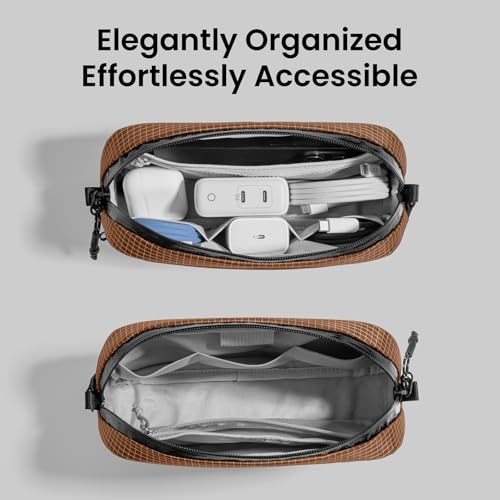 tomtoc Electronics Organizer Travel Case Performance, Water Resistant Bag Cable Tech Pouch Accessories, Carry Storage for Cord, Phone, Cables, Airpods, USB Flash Drive, Daily Items - color: Brown Plaid, size: Small