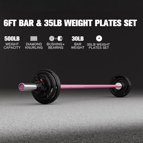 RitFit Barbell Weight Set - 4/6FT Olympic Barbell with Weight Plates (55-115LB Total) - Weightlifting Equipment for Squats, Curls, Deadlifts, Presses, Hip Thrusts - color: Pink, size: 6FT With 35LB Plates