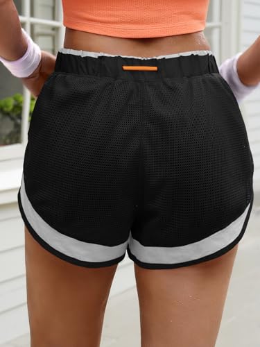 Fisoew Women Athletic Shorts 2 in 1 Running High Split Color Block Workout Yoga Mesh Shorts Pocket Drawstring - color: Black, size: Large