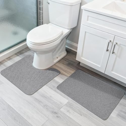 Bosap Bathroom Rugs Set 2 Pieces,Thin Bathroom Mats,Toilet Rugs,Quick Dry,Non-Slip,Machine Washable,Low Pile,Absorbent Bath Mats,Shower,Sink,Home Decor Accessories.Grey,1'5"x2'3"+1'8"x2" U Shape - color: Grey, size: 1'8"x2"u+1'5"x2'3"(set)