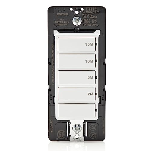 Leviton Countdown Timer Switch for bathroom fan and household lights, 2-5-10-15 min, No Neutral Required, Single Pole, 15A, 1/2 HP/9.8A Fan/Motor, DT115-1LW, White - style: 2-5-10-15 min, No Neutral Required