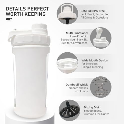 26oz Glass Protein Shaker Bottle, Stainless Steel Mixing Ball & Silicone Sleeve, Odorless, Leak-Proof, BPA-Free, Ideal for Smoothies & Workout Drinks(Frost White) - color: Frost White
