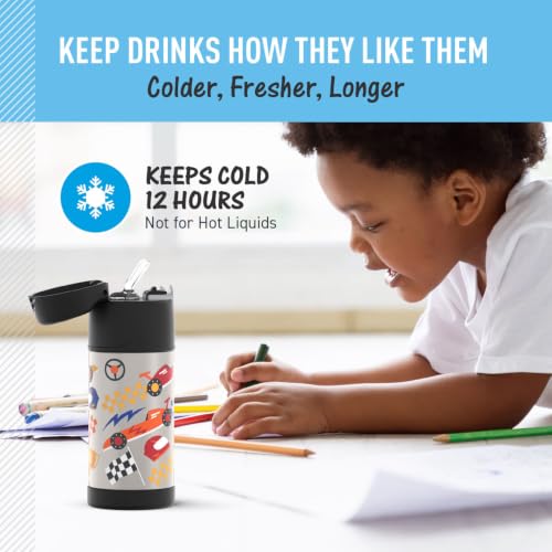 THERMOS FUNTAINER Water Bottle with Straw, 12oz, Hot Rods | Kids Stainless Steel Insulated Water Bottle, Keeps Drinks Cold Longer for School & Play, BPA-Free - color: Hot Rods, size: 12 Ounces