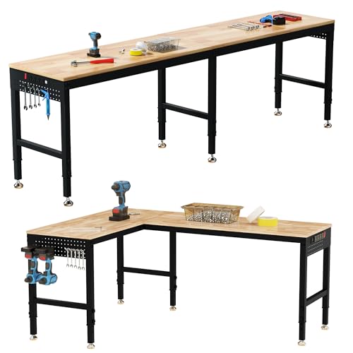Betterhood 96" 2-in-1 Convertible Adjustable Workbench, L-Shaped & Extended 5000 LBS Heavy Duty Work Table with Power Outlets & Pegboard, Rubber Wood Workstation for Garage, Workshop - size: Rubber Pad/ Power Outlets/ 2 Pegboard/ 96"x20"x37"