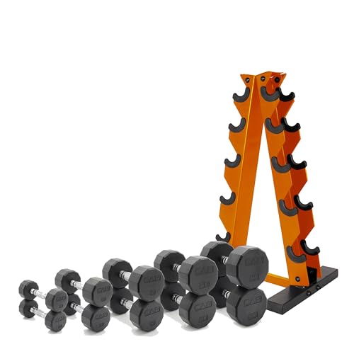 CAP Barbell 150 LB Coated Hex Dumbbell Weight Set with Vertical Rack | Multiple Options - color: Orange Rack, style: 12-Sided Chrome Handle