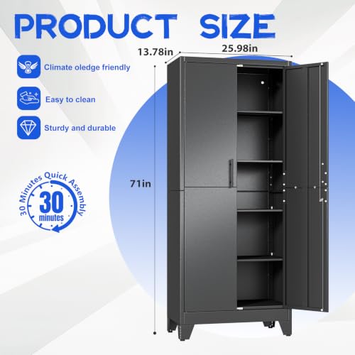 GAIOUS Tall Metal Storage Cabinet with Lock, 2 Doors Freestanding Steel Bookcase with Adjustable Shelves, Heavy Duty Lockable Office Filing Cabinet, Home Garage Utility Pantry Organizer Cabinet, Black - color: Black, size: 13.78''D × 25.98''W × 71''H