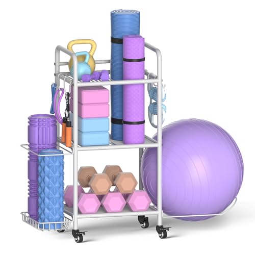 Home Gym Storage Rack Exercise Equipment Storage Organizer for Yoga Mat Dumbbells Kettlebells Foam Roller Yoga Strap & Resistance Bands, Ideal Yoga Mat Holder & Workout Equipment Organizer (White, Small) - color: White