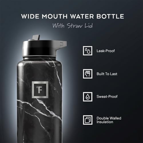 IRON °FLASK 40 oz Wide Mouth Water Bottle with Straw | Insulated Stainless Steel Sports Water Bottle with Leakproof Straw Lid - BPA Free, Cold 24 Hrs, Sweat Free (Black Marquina) - color: Black Marquina, style: Straw - 40 Oz (1 Lid)
