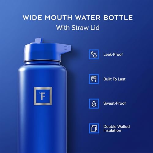 IRON °FLASK 40 oz Wide Mouth Water Bottle with Straw | Insulated Stainless Steel Sports Water Bottle with Leakproof Straw Lid - BPA Free, Cold 24 Hrs, Sweat Free (Cobalt) - color: Cobalt, style: Straw - 40 Oz (1 Lid)