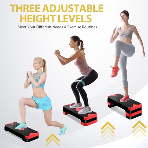 27'' Aerobics Stepper Workout Step Platform with 4 Risers 4"-6"-8" Height Adjustable, Non-Slip Fitness Exercise Workout Trainer for Cardio, Core, Strength Training,Home Gym - color: Red