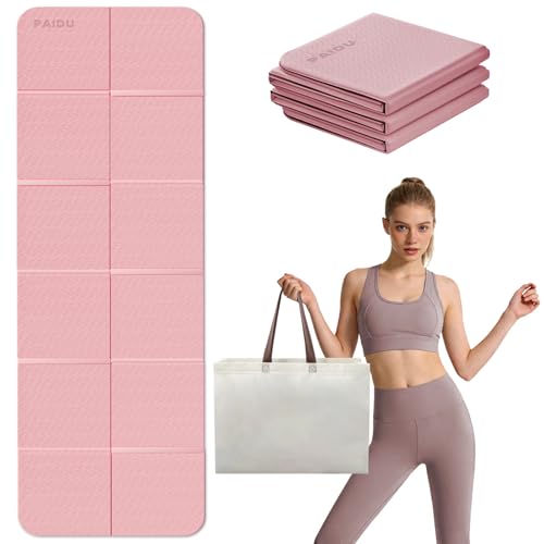 PAIDU Foldable Yoga Mat, 70"x24"x0.31" TPE Non-Slip Mat with Bag | Double‑sided non‑slip, 8mm thick TPE, foldable for travel, ideal for yoga/pilates/fitness/home/outdoor workouts - color: Pink+Black