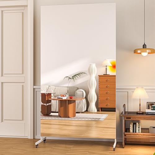 Hasipu 79" x 40" Full Length Floor Mirror on Wheels, White | Tempered glass, sturdy metal frame, smooth rolling casters, removable stand, ideal for gym, bedroom, dance studio & yoga. - color: White, size: 79"L x 40"W