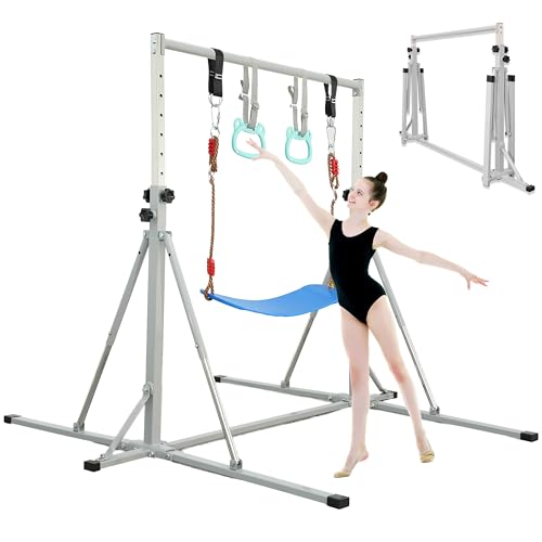 FC FUNCHEER Foldable Gymnastics Bar,5FT Horizontal bar,Adjustable Kids Training bar for Kids Ages 3-15,Kids Gymnastics bar,Triangle Stable Structure-Gym Equipment for Home - color: Grey, style: Bar-Swing-Rings
