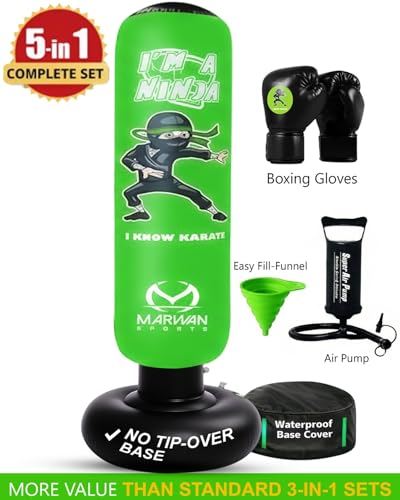Marwan Sports Ninja Kids Punching Bag — Inflatable Sensory Toy & Birthday Gift for Boys & Girls Ages 4-12, 63" Freestanding 5-in-1 Kit, Indoor Apartment-Quiet Sensory-Friendly Active Play - color: Green