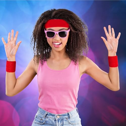 Bememo 6 Pcs Neon Sports Sweatbands Set Sports Competitions Sweatbands 2 Headband 4 Wristbands Breathable Terry Cloth Athletic Bands for Team Soccer Spirit 80s Costumes Cosplay - color: Red