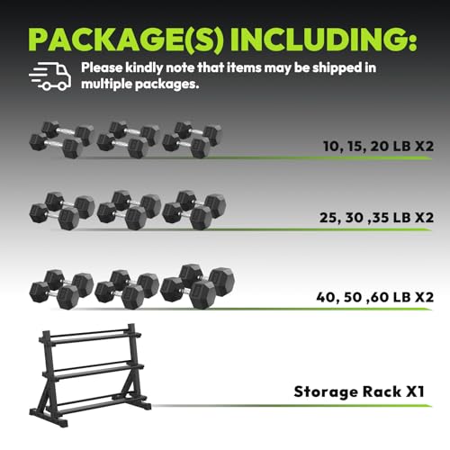 HANDBODE Rubber Coated Hex Dumbbell Set with Rack, 300-840 lb | Fixed Weights Sets with Heavy Duty Storage Stand, Multiple Weight Options Home Gym Equipment for Strength Training - style: 570 lb Set (10-60 lb) with Rack
