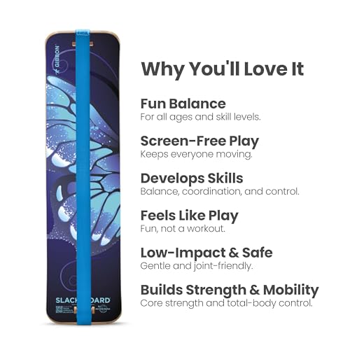 GIBBON SlackBoard, Balance Board Kids & Adults, Slackline Balance Trainer | 1 & 2 Line Options, Slack Board, Core Workout Equipment, Home Gym Training, Standing Desk Exercise, Yoga, Agility, Pilates - color: Butterfly - 1 Line
