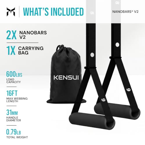 Kensui NanoBars V2 - Portable Suspension Trainer, 600 lb Max Load | Stable and rotating handle modes support pull ups, rows, dips, curls and full body training with natural wrist movement.