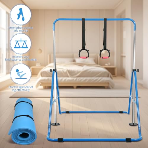 Expandable Gymnastics Bars with Ring, Adjustable Height Gymnastic Horizontal Bars, Gym Junior Training Bar Children Folding Training Monkey Bars for Kids - color: Mat+Blue
