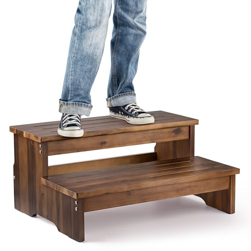 TINAMO 25" Acacia Bed Steps for High Beds for Adult 500LBS - 2-Step Wood Step Stool - Wooden Step Stool for Bed - Heavy Duty Hot Tub Steps & Hot Tub Stairs - Walnut Color (Patent Pending)