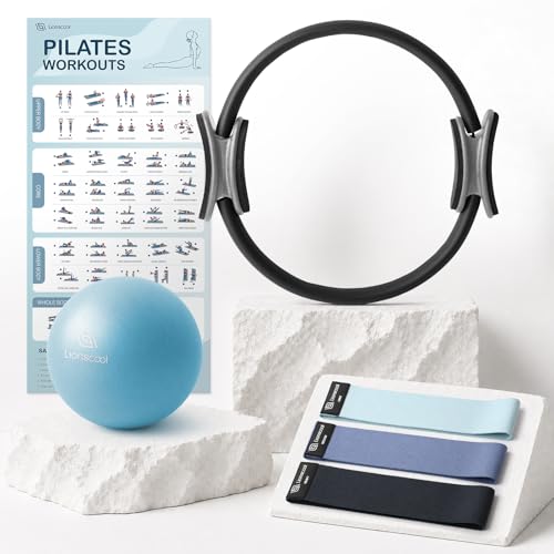 LIONSCOOL Pilates Ring Set - 14" Anti-Deformation Magic Circle with Padded Handles, 9" Mini Ball, Non-Slip Fabric Resistance Bands, Guide & Bag - color: Black