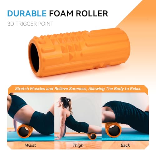 5 in 1 Foam Roller Set, High Density Patented Exercise Roller | Deep Tissue Massage Roller Stick, Massage Ball, Resistance Band for Pilates, Yoga, Whole Body Fitness Exercise, Orange - color: Orange