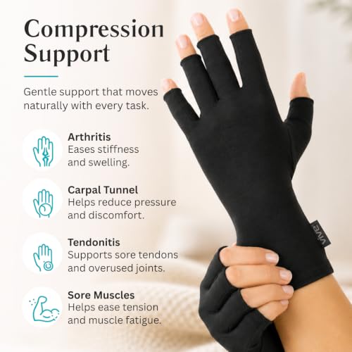 Vive Arthritis Gloves - Men, Women Rheumatoid Compression Hand Glove | Osteoarthritis- Arthritic Joint Pain Relief - Carpal Tunnel Wrist Support - Open Finger, Fingerless Thumb for Computer Typing - color: Black, size: Small