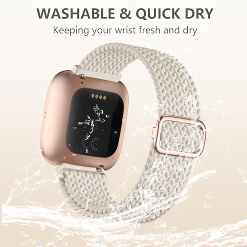Maledan Braided Bands Compatible with Fitbit Versa 2 and Fitbit Versa for Women Men, Breathable Stretchy Bracelet Replacement Wrist Band for Versa 2/ Lite/ SE Strap, Apricot - color: 2-Lunar White