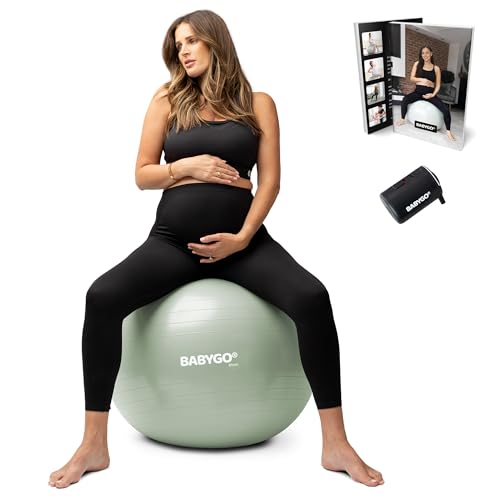 BABYGO Birthing Ball - Pregnancy Yoga Labor & Exercise Ball & Book Set Trimester Targeting, Maternity Physio, Birth & Recovery Plan Included Anti Burst Eco Friendly - color: Sage, size: 65cm - Electric
