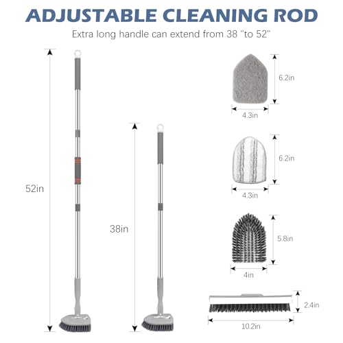 SetSail 4-in-1 Tile Tub Floor Scrubber with 52-inch Long Adjustable Handle Shower Cleaner Brush with V-Shaped Grout Brush and 3 Replacement Brush Heads for Bathroom Kitchen Sink Walls Tub Tile, Grey - color: Gray, size: 2 Pads + V-Shaped Brush