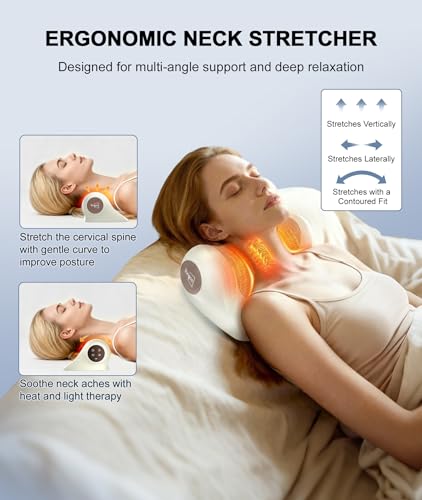 Neck Massager with Heat, Red Light & Vibration Adjustable, Heated Neck Stretcher with 3 Modes, Rechargeable Cervical Traction Device for Pain Relief & Muscle Relaxation, Gift for Women Men - color: Beige