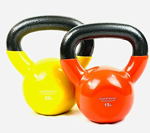 Vinyl Coated Cast Iron Kettlebell Weight - color: 15 LB + 20 LB - Orange/Yellow