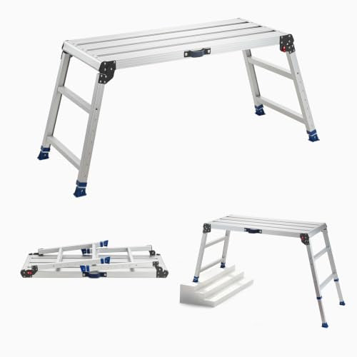 VEVOR Folding Work Platform, Adjustable Height 23-34.5 in, 40 x 18 in Aluminum Step Stool, 500 lbs Load Capacity, Heavy Duty Non-Slip Platform Ladder, Portable Work Bench for Painting, Maintenance