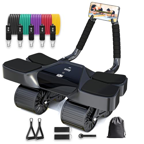 Ab Roller Home Gym Equipment – 4 Wheels Ab Wheel Muscle Roller with Built-in Tracker , 5Pcs Resistance Bands, Ankle Straps, Door Anchor, Handles, Travel Bag – Comfortable Elbow Support with Non-Slip Handles - color: Black 13-In-1 Ab Roller