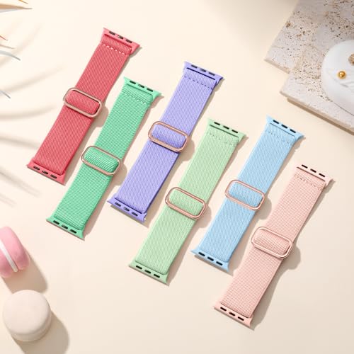 Maledan Stretchy Nylon Loop Compatible with Apple Watch Bands 38mm 40mm 41mm 42mm 44mm 49mm 46mm Adjustable Soft Elastic Strap for Apple Watch SE Ultra iWatch Series 11/10/9/8/7/6/5/4/3/2/1 Women Men - color: Orange/Light Blue/Light Green/Lavender Purple/