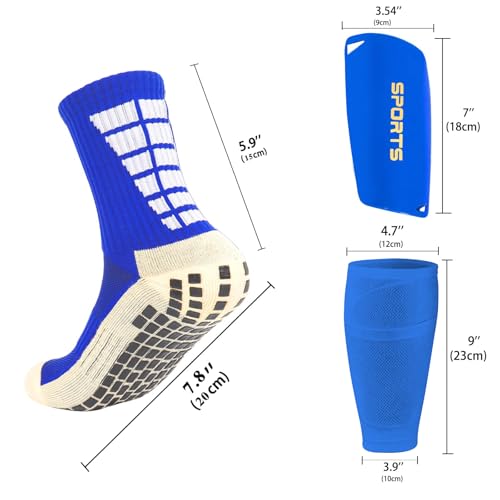 Soccer Socks with Shin Guard for Men, 1 Pairs Mens Grip Soccer Socks and 1 Pairs Shin Sleeves with Shin Guards, Footaball Equipment Shin Sleeves with Pads for Adults - color: A Blue