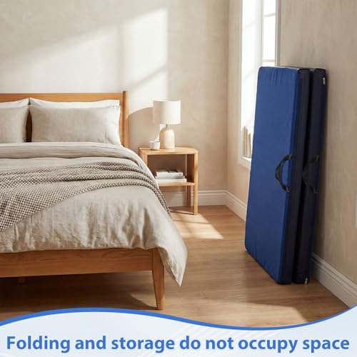 Wesiti 1 Pcs Fall Mat for Elderly Bedside, 70" x 24" x 2" Non Slip Foldable Floor Mat for Seniors Safety Fall Prevention for Handicap, Anti Fatigue Crash Bed Pad, Blue