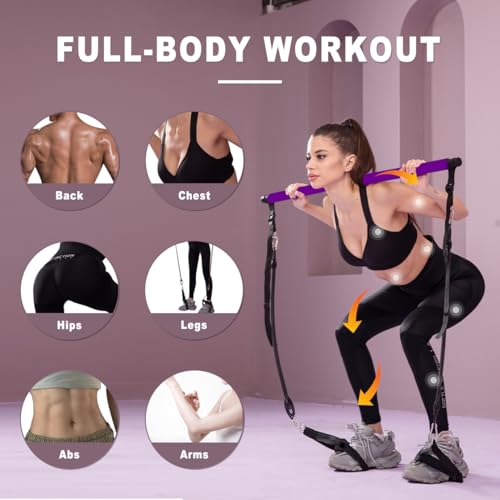 Pilates bar kit Multiple Fitness bar with Resistance Bands, Ab Rollers.Core Strength Training Equipment. Squat Machine for Men and Women.Portable Home Gym Pilates bar kit for Full Body Training Women - style: Basic purple
