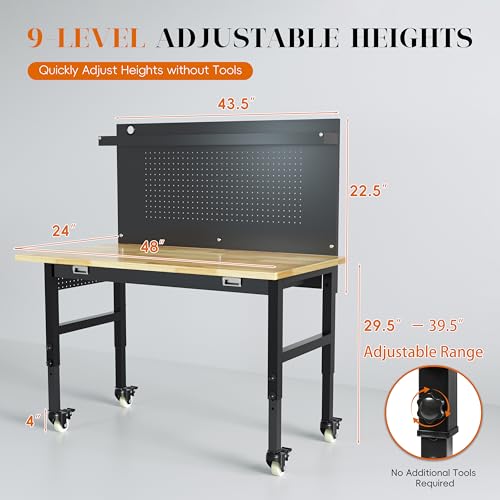 Betterhood 48" Heavy Duty Adjustable Workbench with Large Pegboard, Adjustable Work Table with Power Outlets & Lockable Wheels, Rubber Wood Workstation for Garage, Workshop, Office, Home, Commercial - size: Large Pegboard / Power Outlets / Drawer / 48"x24