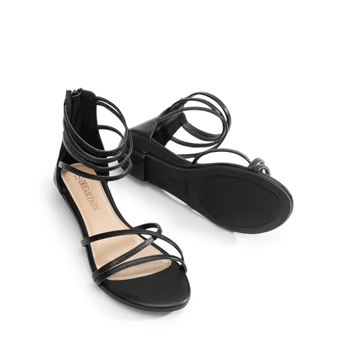 DREAM PAIRS Women's Ankle Strap Flat Sandals Summer Dressy Strappy Gladiator Rhinestones Sandals - color: Black/Pu, size: 9