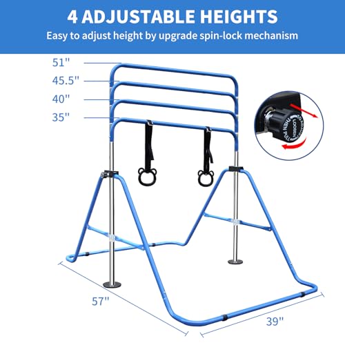 Gymnastics Bars for Kids with Rings, Junior Kip Training Bars Equipment for Home, Folding Height Adjustable Horizontal Bars - color: Blue