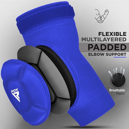 RDX Elbow Pads, Muay Thai MMA Kickboxing Sparring Elbow Guard, Martial Arts Striking Protection,Wrestling Basketball Adjustable MTB Volleyball Compression Padded Sleeve, Men Women - color: Blue White, size: X-Large