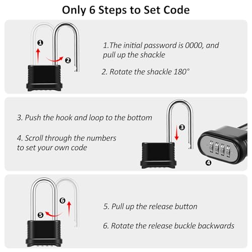 6 Pack Heavy Duty Combination Lock Weatherproof, 4 Digit Combination Padlock Outdoor, Resettable Brass Combination Locks for Gate Locker Shed Garage Fence Gym Storage Unit(Black, Long Shackle) - color: Black, Long Shackle
