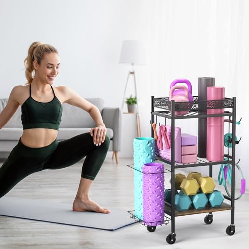 Dumbbell Rack Stand Only, Home Weight Rack for Dumbbells Kettlebells Yoga Mat, Home Gym Storage Rack with Wheels and Hooks, Space Saving Workout Equipment Organizer. ﻿