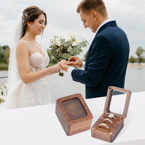 Walnut Ring Box 3 Slot - Clear Acrylic Window Display, Magnetic Closure Keepsake Jewelry Holder for Wedding Proposal Engagement Ceremony Anniversary Birthday Gift - color: A-Brown
