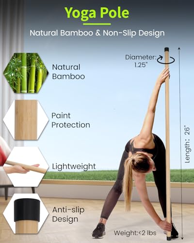 P Polerden Yoga Stick, 5ft Exercise Stick for Mobility, Stretching Stick with Non-Slip Ends, Exercise Dowel for Pilates, Balance Pole and Stretch Bar for Stretching Equipment - size: 1 PCS 58 inches Natural Bamboo