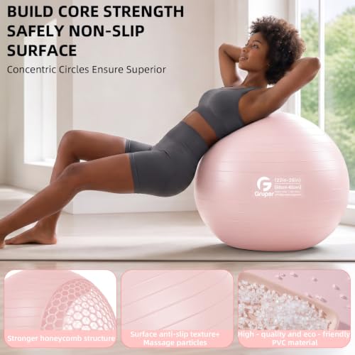 Gruper Exercise Ball, Extra Thick Yoga Ball for Working Out, Yoga & Pregnancy, 4 Sizes Anti-Burst Balance Ball with Foot Pump for Pilates, Physical Therapy & Fitness - color: pink, size: M(22IN/55cm)